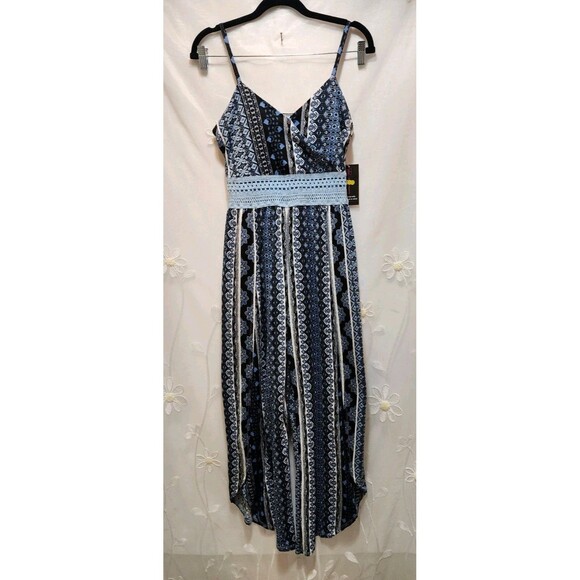 No Boundaries Womens M Blue Babydoll Jumpsuit Open Legs Boho Crochet Tribal Y2K - Picture 1 of 16